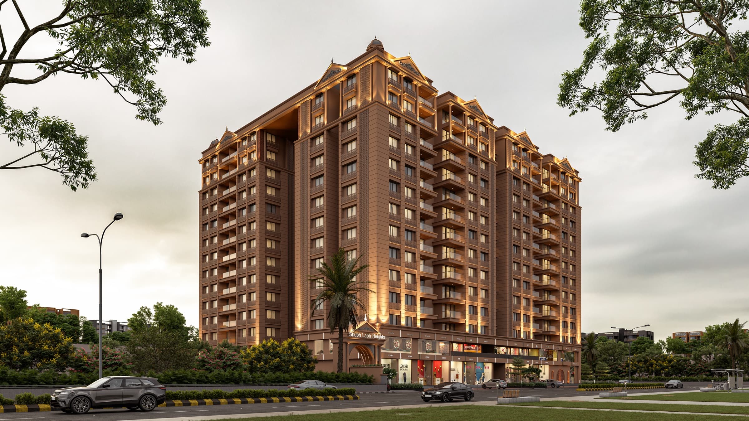 Shubh Labh Heights terracotta-toned residential tower above a retail showroom podium in New Nikol, Ahmedabad, marketed by GETCLICK